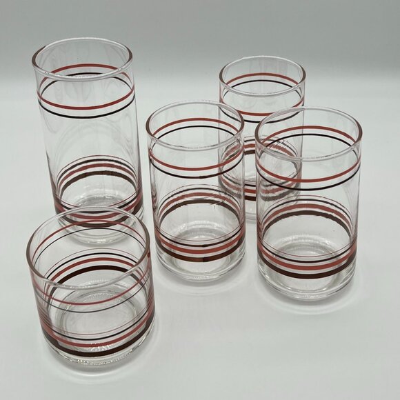 Vintage 1970s Libbey Brown/Rust Striped Juice Glasses / Retro Mid Century - set - Picture 1 of 5